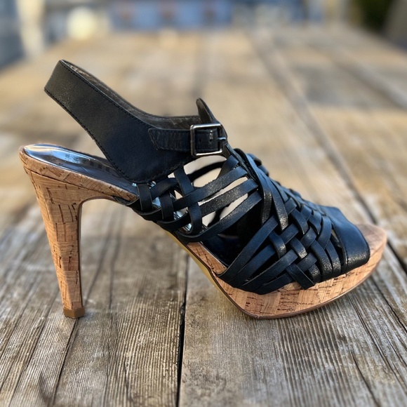 Cork & Black Leather Platform Sandals Strappy Heels Unity by Carlos Santana 9.5 - Picture 2 of 14